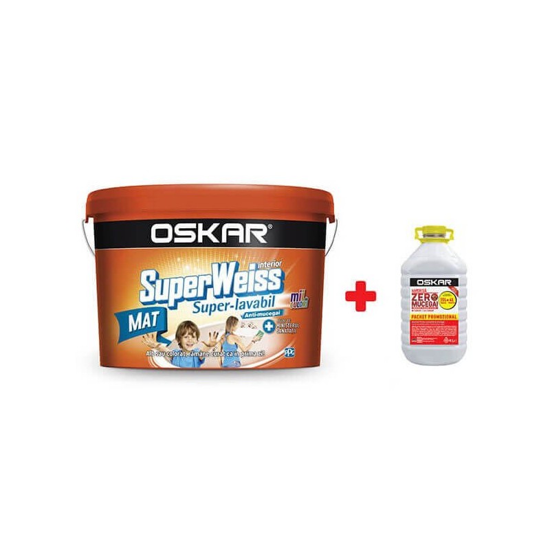 Vopsea superlavabila interior, Oskar Superweiss Super, alba, 15 L + Amorsa Zero mucegai 4 L