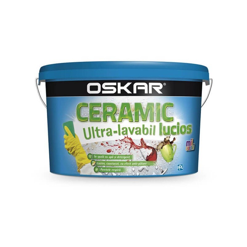 Vopsea ultralavabila interior, Oskar Ceramic lucios, alba, 8.5 L